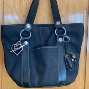 Kathy Van Zeeland Black Nylon Faux Leather Shoulder Bag Silver Charms 18" x 12 "